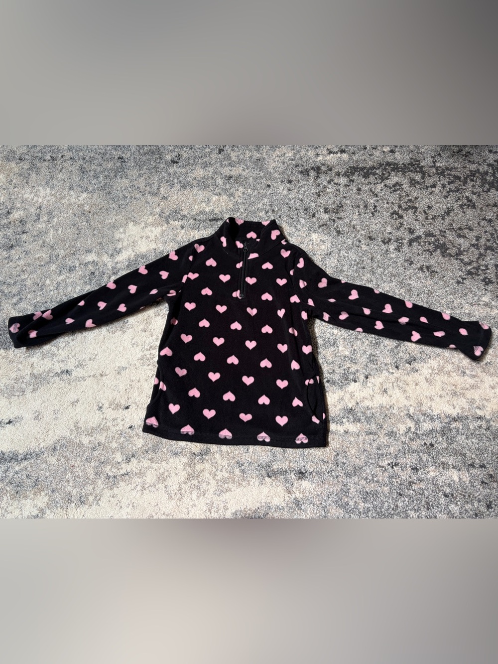 Kids Black Fleece Pullover Top with Pink Hearts